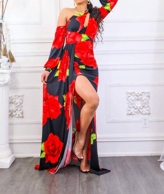 Surelymine - Roses Are Red Asymmetrical Draped Floral Dress