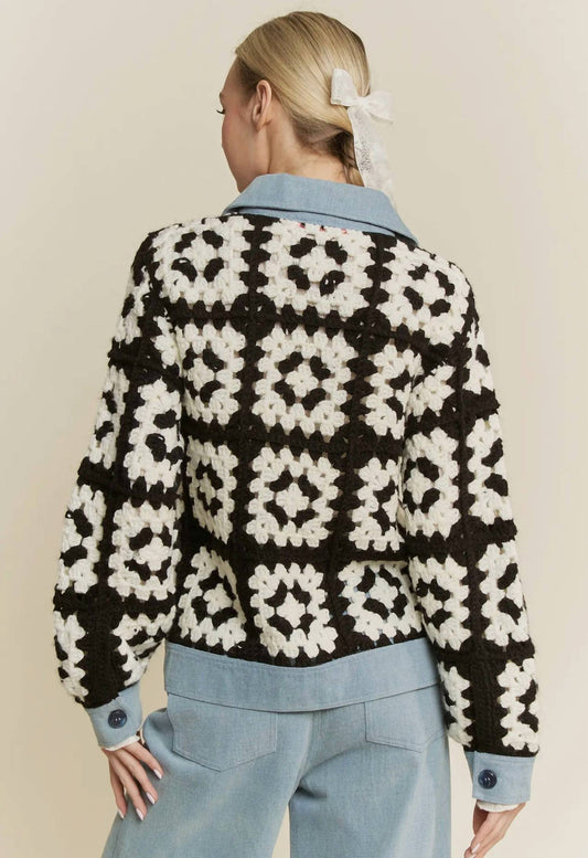 Davi & Dani - Crochet Bodice & Denim Detail Button Front Shirt Jacket