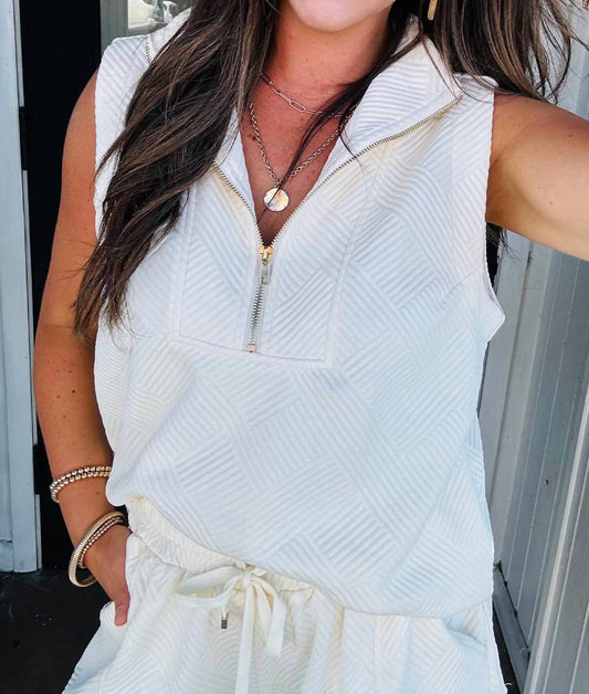 Lovesoft - Textured Half Zip Tank Top And Drawstring Shorts Set