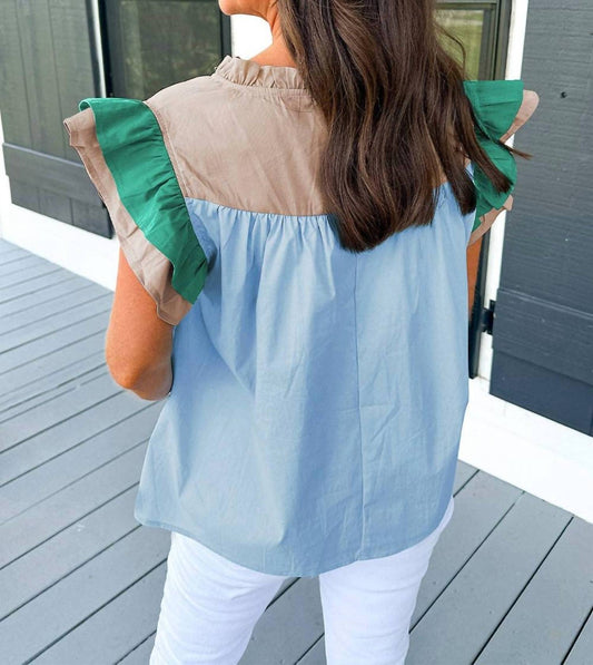 Lovesoft - Colorblock Ruffled Sleeve Frill V-neck Blouse