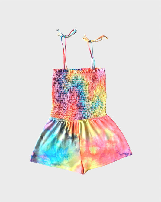 Mia - Girls' Neon Tie Dye Smocked Romper