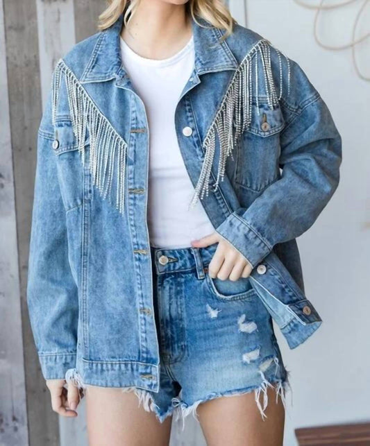 Veveret - Rhinestone Fringe Denim Jacket