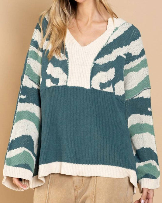 Pol - Solid Color Block & Camo Sweater