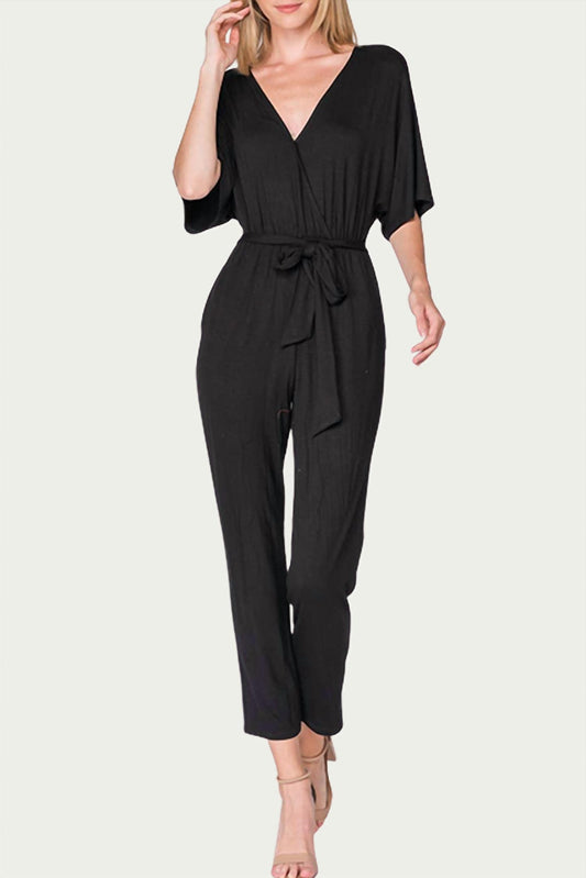 WRAP-EFFECT BELTED STRETCH-JERSEY JUMPSUIT