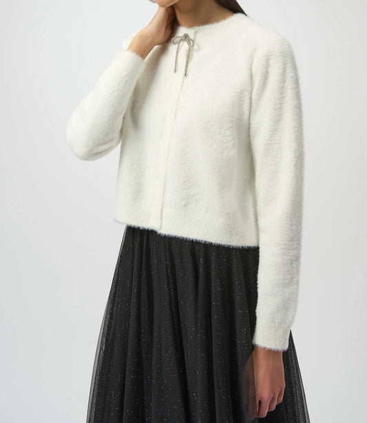 Joseph Ribkoff - Feather Yarn Cardigan with Rhinestone Bow
