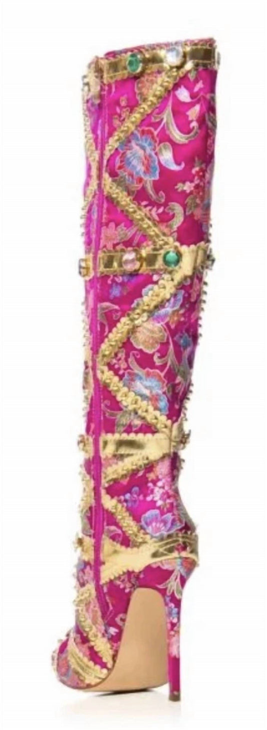 Azalea Wang - Women's Floral Satin Brocade Stiletto Boots