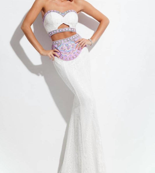 Rachel Allan - Two-piece Beaded Lace Prom Gown
