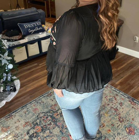 Andree By Unit - Floral Embroidery Long Sleeve Babydoll Sheer Top