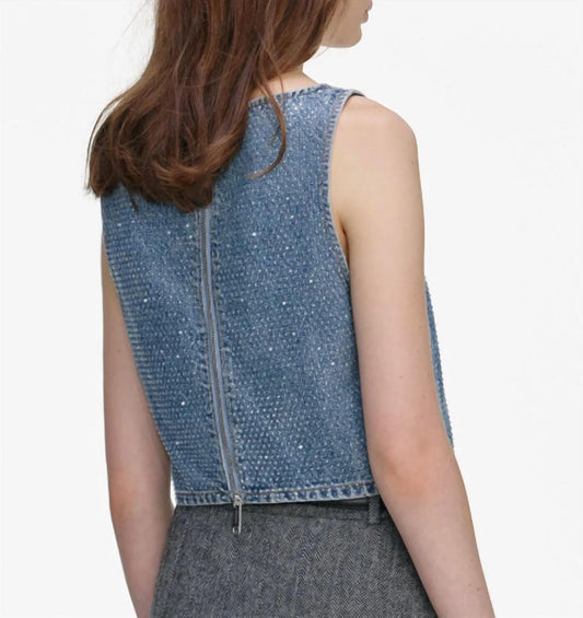 Self-Portrait - Rhinestone Denim Crop Top