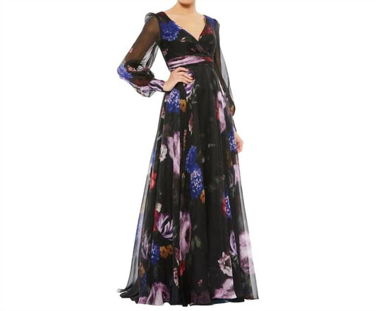 Mac Duggal - Chiffon Bishop Sleeve Floral Print Gown
