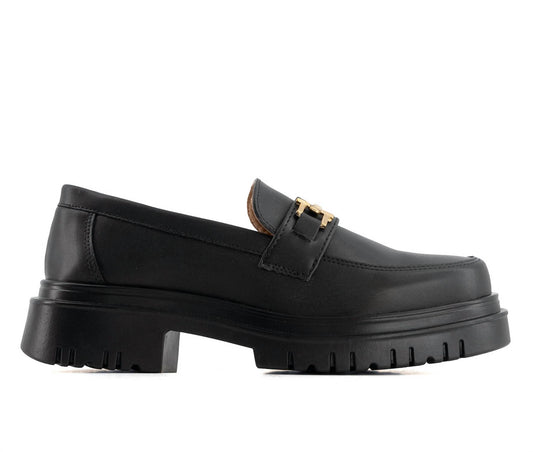 Andrea - Women's Black Penny Loafers With Golden Ornament