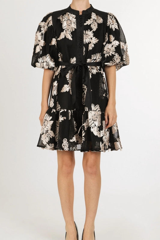 Beulahstyle - Jessica Floral Embroidered On Mesh Balloon Mini Dress