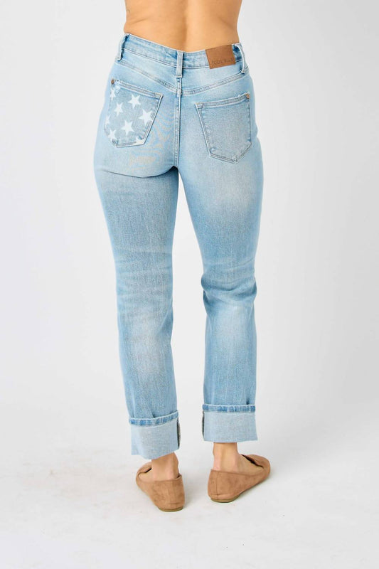 Judy Blue - Mid Rise Americana Star Pocket Cuffed Boyfriend Jeans