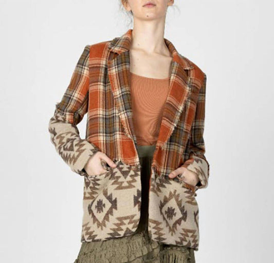 Miss Me - Women's Plaid Mixed Aztec Print Blazer