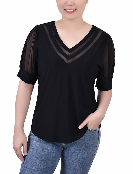 Ny Collection - Short Puff Sleeve V Neck Top