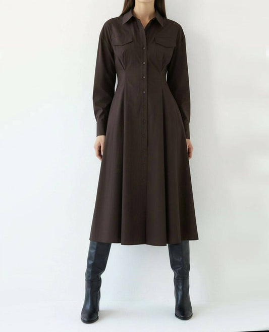 Exquise - Long Sleeves Slim Fit Midi Dress With Shirt Collar