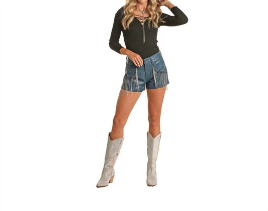 Rock & Roll Denim - High Rise Faux Leather & Rhinestone Fringe Short