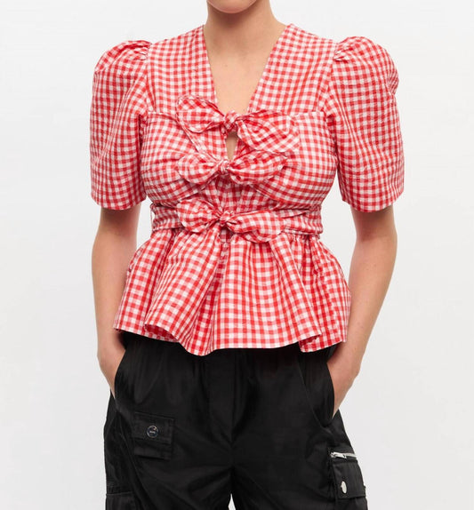 Ganni - Crinkled Taffeta Check Tie Strap Blouse