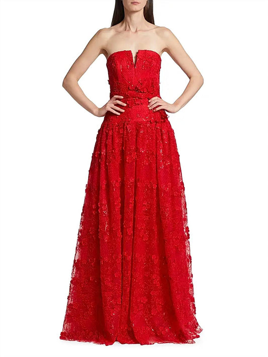 Monique Lhuillier - Celia Sequin Floral Strapless Tie Front Tulle Gown
