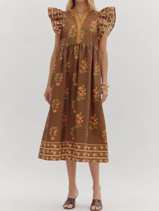 Entro - Split Neck Floral Framed Midi Dress