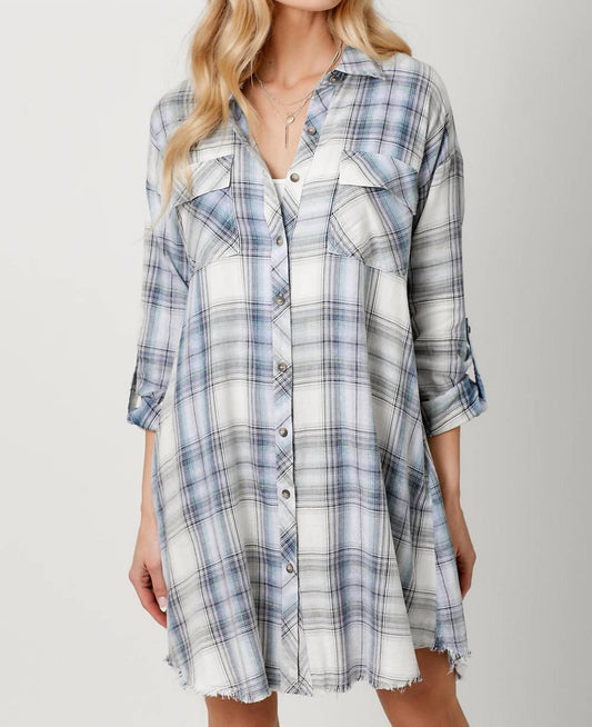 Mystree - Rolled Up Sleeve Washed Plaid Mini Dress