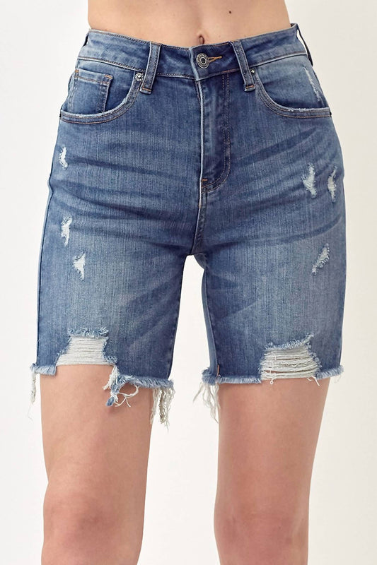 Risen - Distressed High Rise Thigh Shorts - Plus