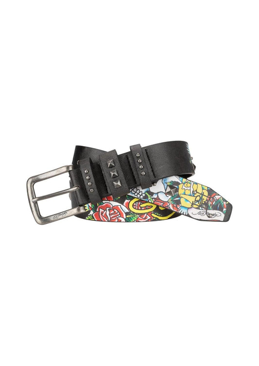 Ed Hardy - Men's Skulls And Roses Studded Belt