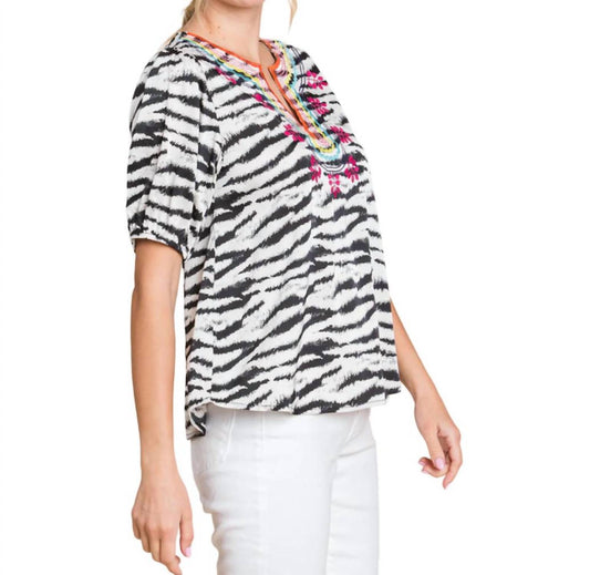 Jodifl - Zebra Print Embroidered Yoke Top