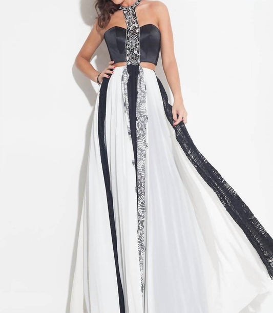 Rachel Allan - Chiffon A-line Prom Gown With Lace Inserts