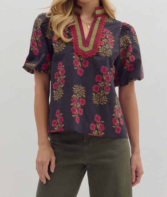 Entro - Floral Print Bubble Sleeve Top