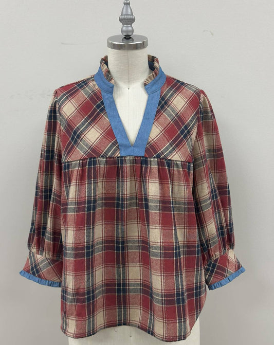 Thml - Long Sleeve Plaid V Neck Top