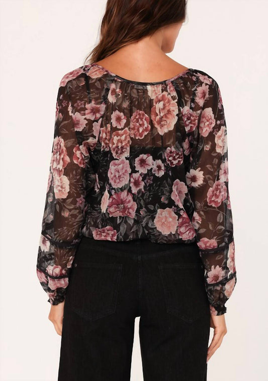 Lovestitch - Sheer Floral Smocked Tie Neck Blouse