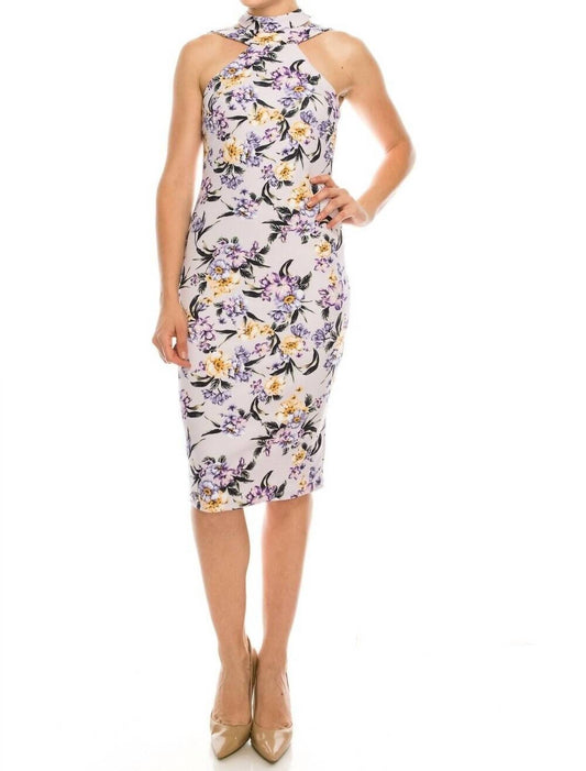 Bebe - Floral Strappy Mock Neck Midi Cocktail Dress