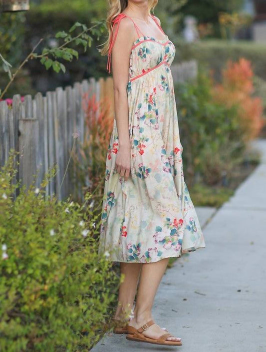Aakaa - Tie Shoulder Floral Midi Dress