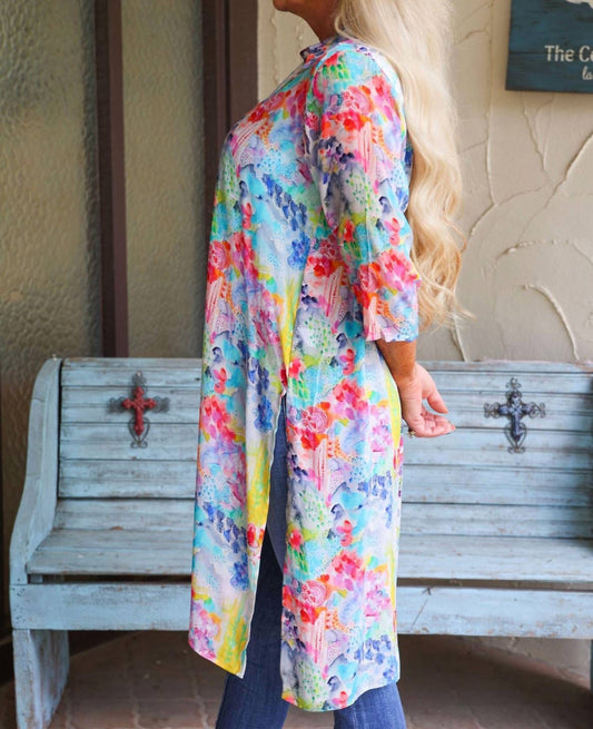 Apny - Button Down Long Top Or Kimono With Side Slits