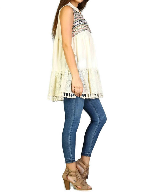 Velzera - Lace Fringe Embroidered Sleeveless Tunic