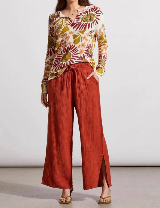 Tribal - Long Sleeves Split V-neck Floral Sweater