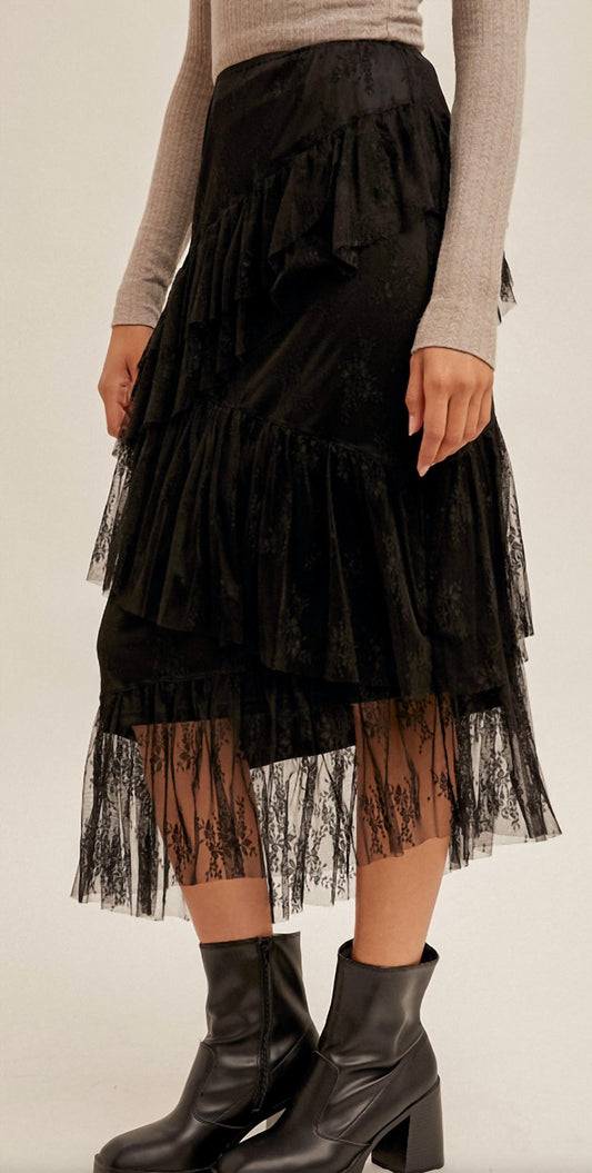 Hem & Thread - Asymmetrical Tiered Lace Midi Skirt