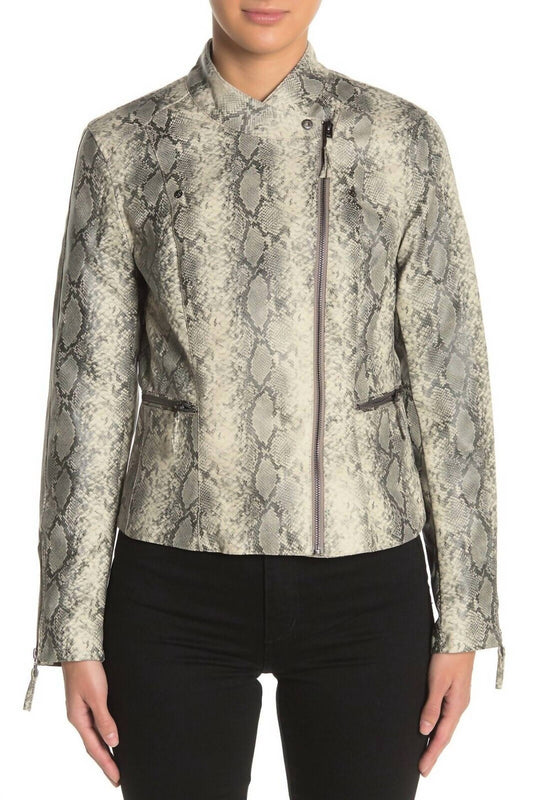 Blanknyc - Faux Leather Snake Print Asymmetrical Moto Zip Jacket