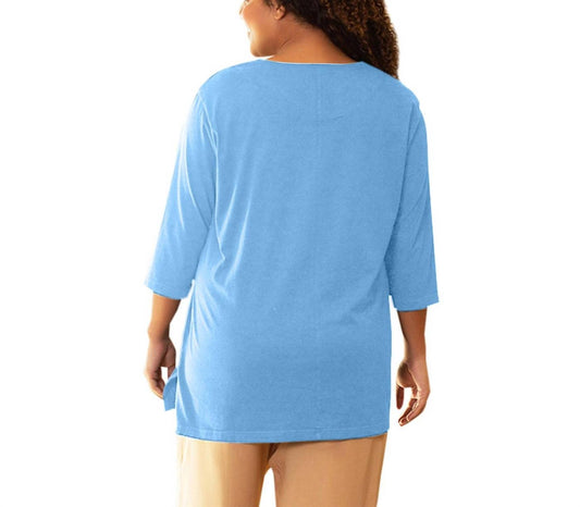 On The Plus Side - Cotton 3/4 Sleeve U-Neck Tee - Plus