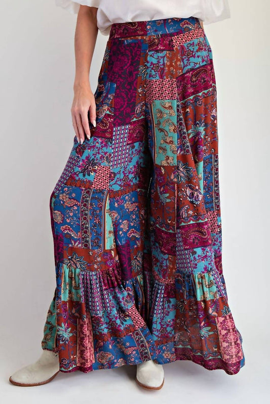 Easel - Patch Printed Rayon Wide Leg Palazzo Style Pants - Plus