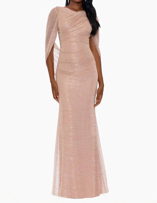 Betsy & Adam - Crinkle Cowl Metallic Knit Long Drape Gown