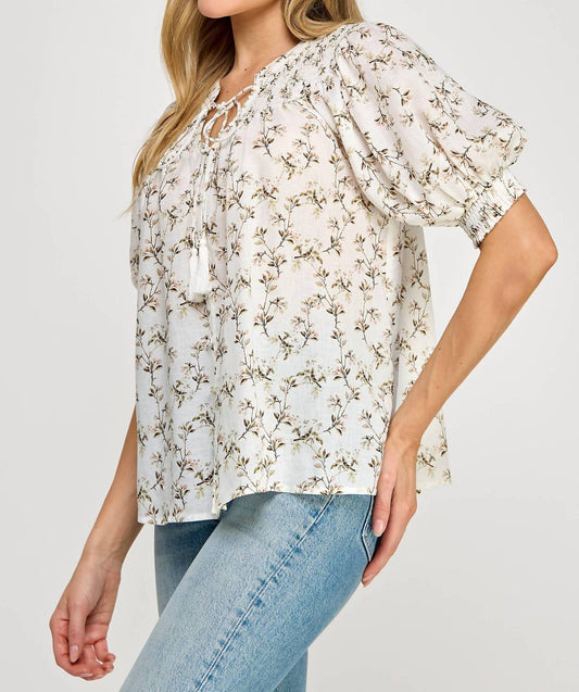 Ellison - Flower Print Short Sleeve Peasant Blouse