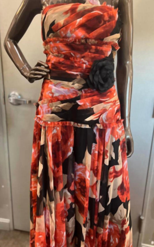 Js Collections - Women's Strapless Chiffon Floral Printed Long Dress