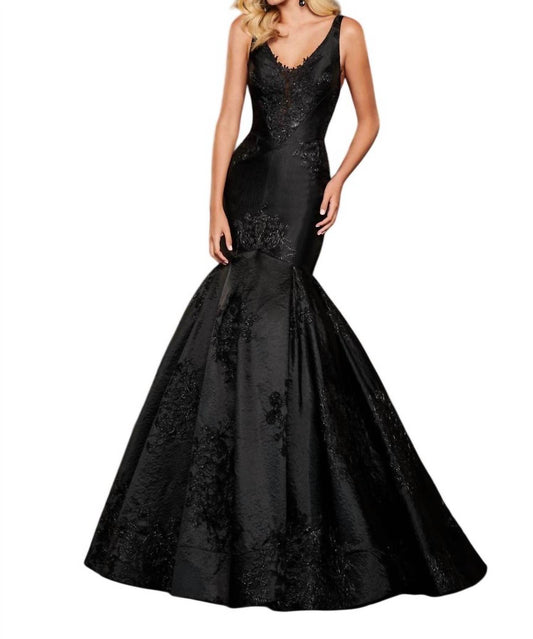 Rachel Allan - Brocade Floral Applique Mermaid Prom Gown