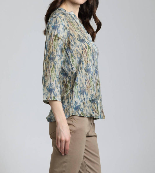 Apny - Ikat Print Quarter Sleeve Mandarin Collar Button Up Blouse