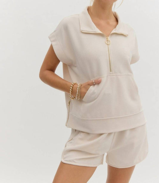 Entro - Solid Rib Textured Half Zip Top