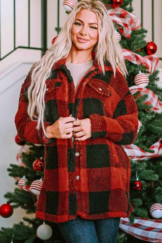 Sweet Lover Fashion - Fuzzy Plaid Midi Coat
