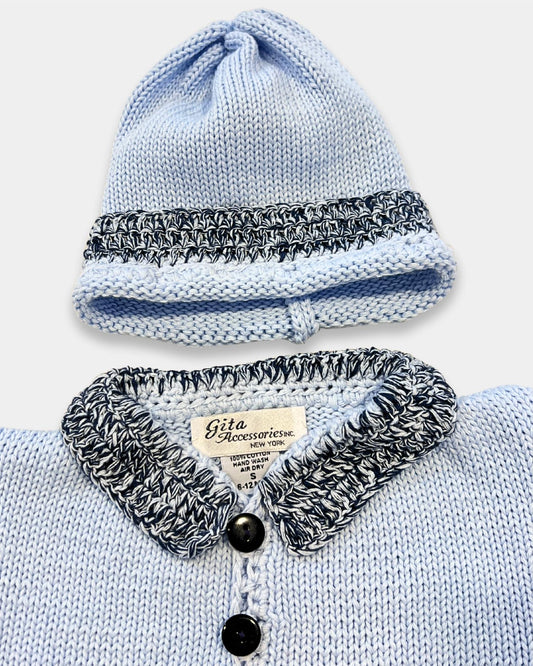 Gita - Boy's 2pc Light Blue Cotton Sweater With Navy Tweed Trim & Hat