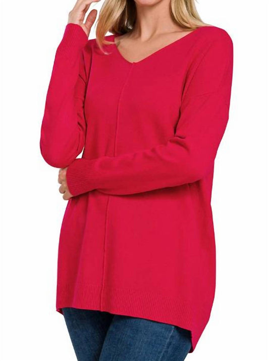 Zenana - Hi-Low V-Neck Seam Sweater